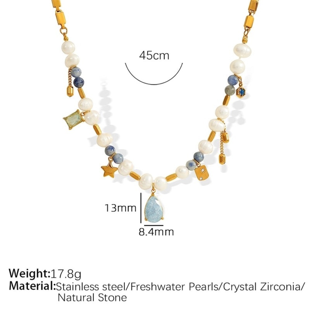 Gold and White Pearl Necklace with Blue Accents - Picture 4 of 5